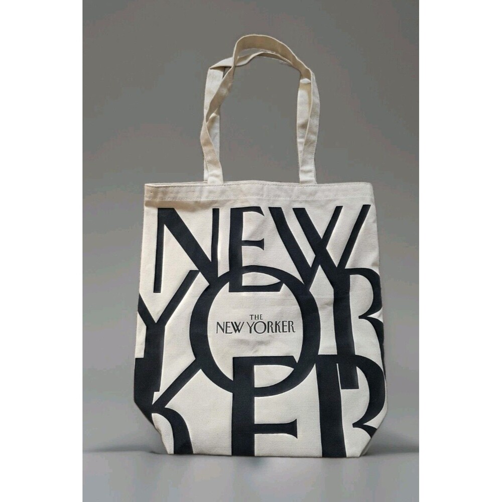 The New Yorker Magazine Classic Large Beige Black All Over Print Canvas Tote Bag